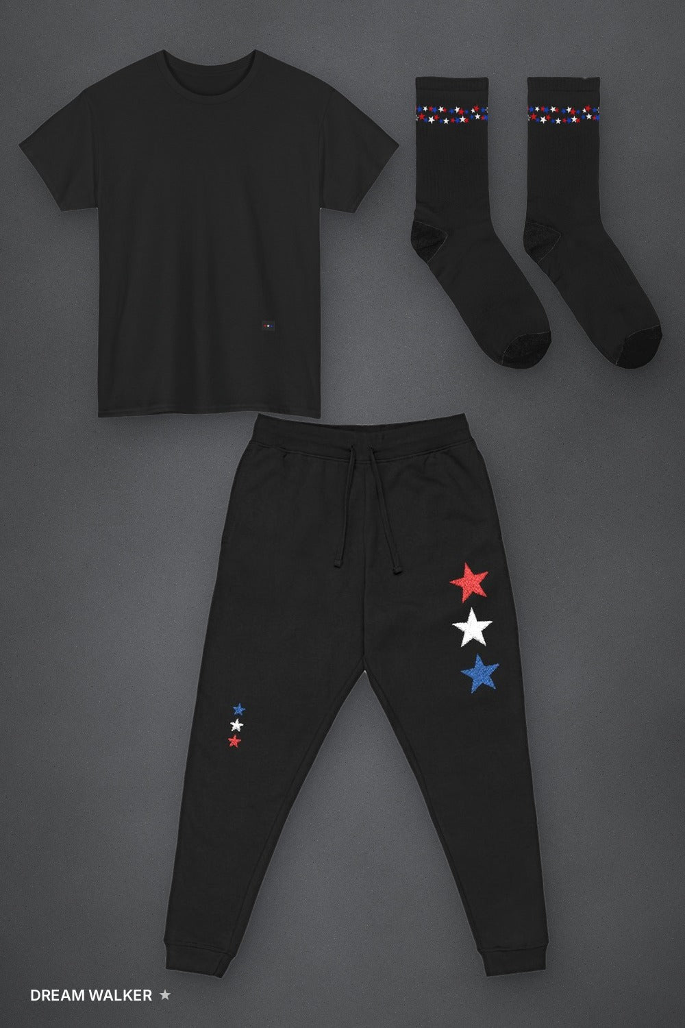 Star Set flat lay, black tee