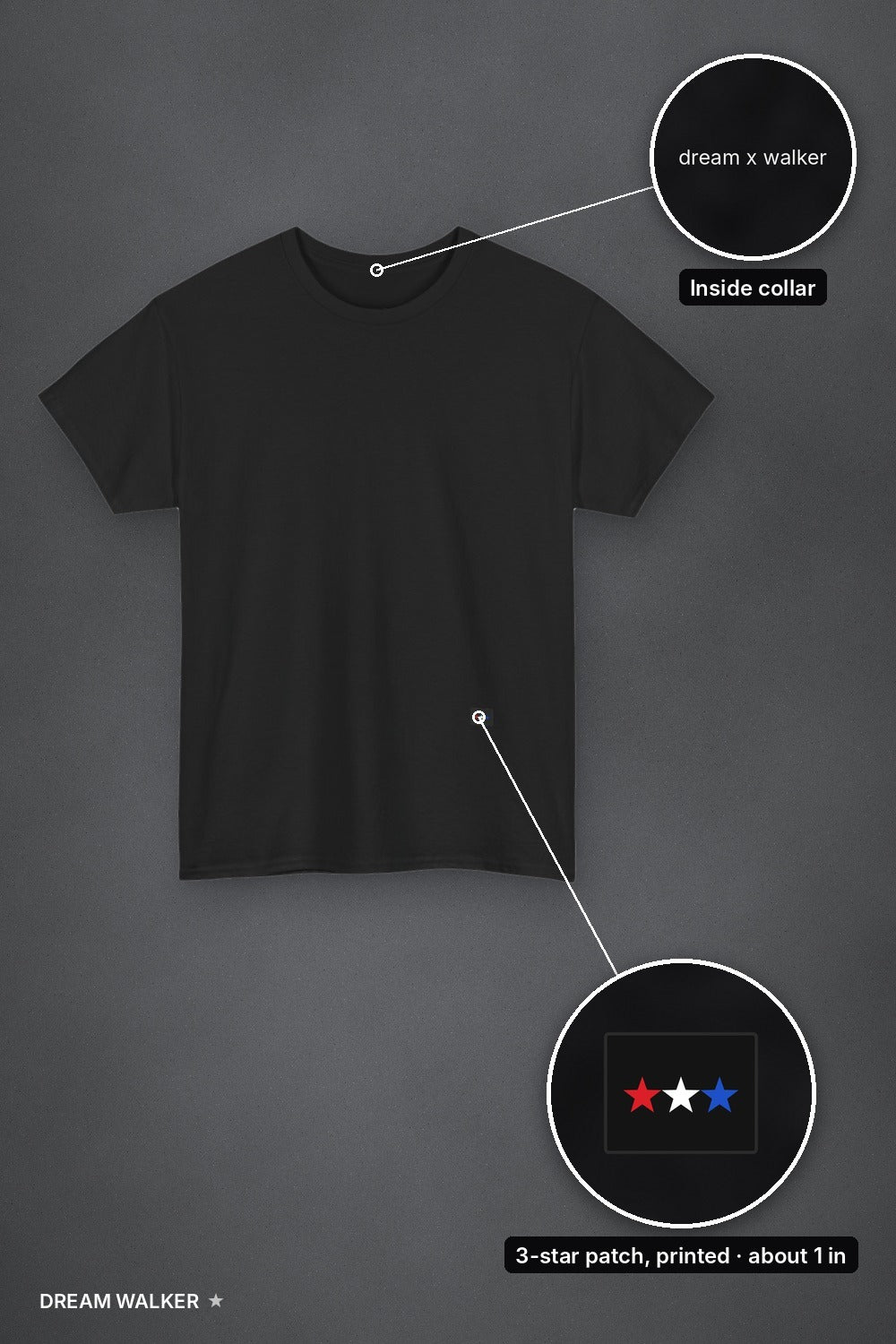 Star Set: 3-Star Tee black, front with patch and collar print details