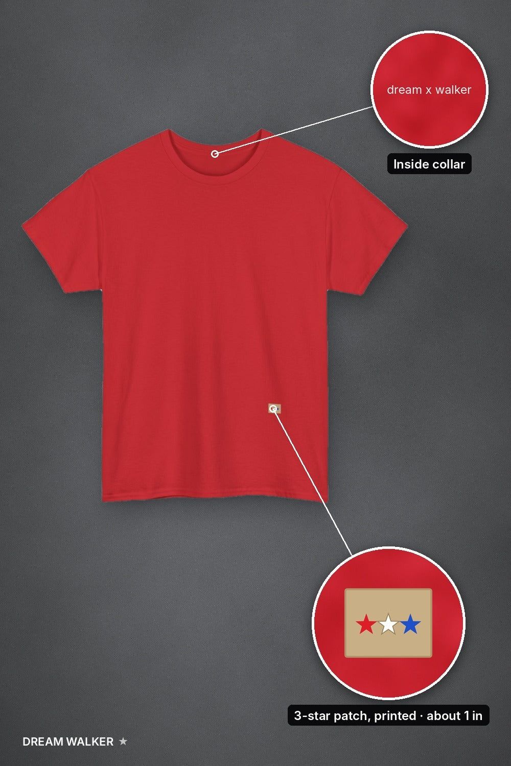 Star Set: 3-Star Tee red, front with patch and collar print details