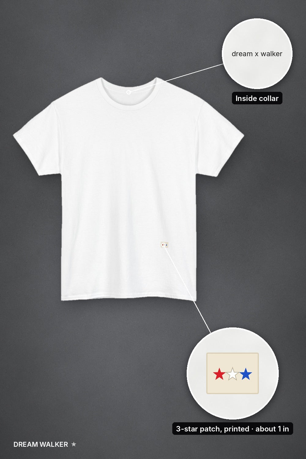 Star Set: 3-Star Tee white, front with patch and collar print details