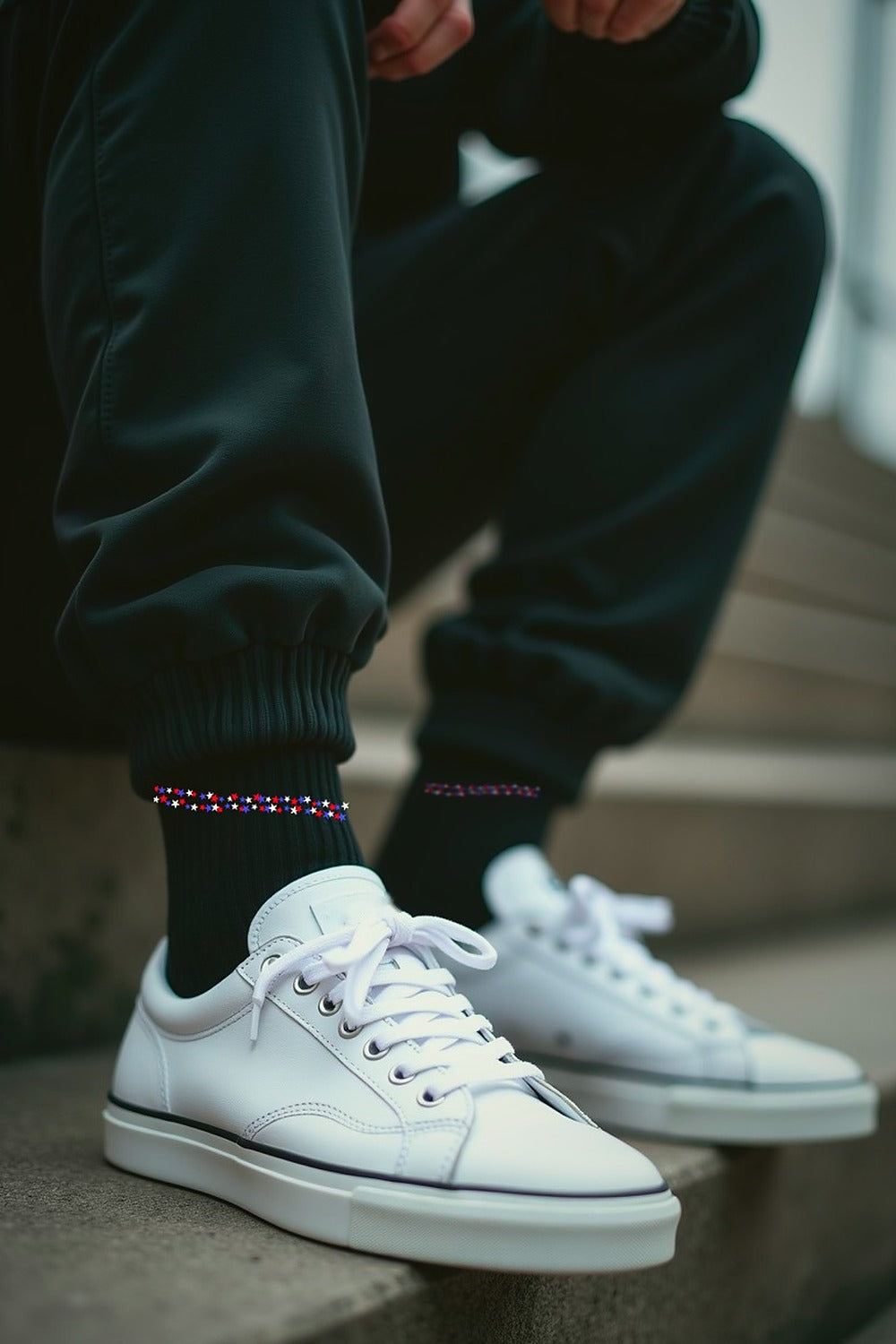 Dream Walker star band crew socks worn with black sweats and white sneakers — star band printed all the way around